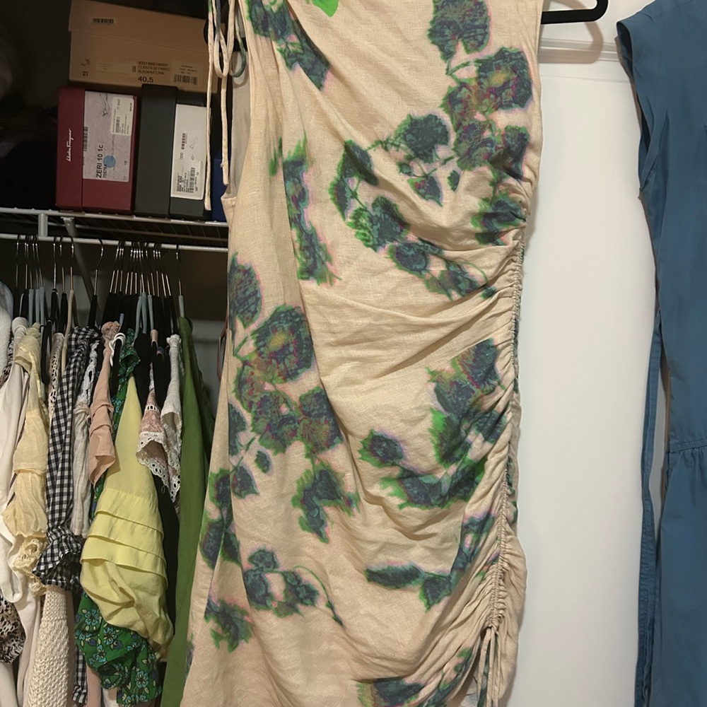 Zara One Shoulder Dress in Cream with Blue and Green Floral